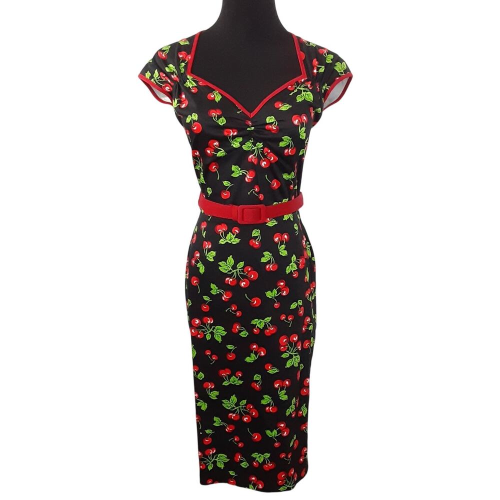 PinUp Couture Black Cherry Wiggle Dress 50s Retro Belted Rockabilly Bombshell S